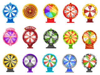 Fortune wheels. Lucky chance roulette wheel, spin to win circles and casino game elements vector Illustration set - obrazy, fototapety, plakaty