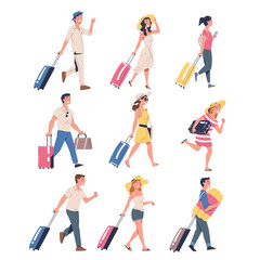 People Characters with Suitcases Going on Summer Vacation Having Journey Vector Set