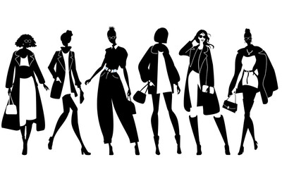 Black and white vector illustration of female silhouettes in modern clothes.