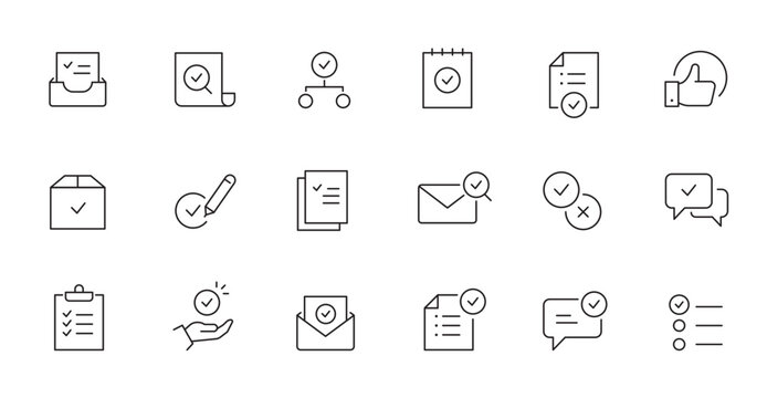Document check, quality control line icon. Quality certificate, business quarantee mark outline editable stroke icon. Approve, confirm vector illustration.