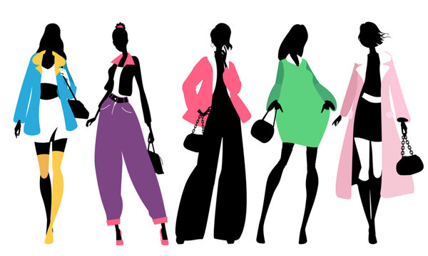 A silhouette of a group of women posing standing in modern clothes.