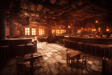 Wide panoramic view of the bar area in a fantasy medieval tavern, interior, art illustration - obrazy, fototapety, plakaty
