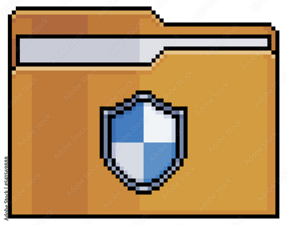 Poster pixel art folder with shield, secure files, document security vector icon for 8bit game on white bac
