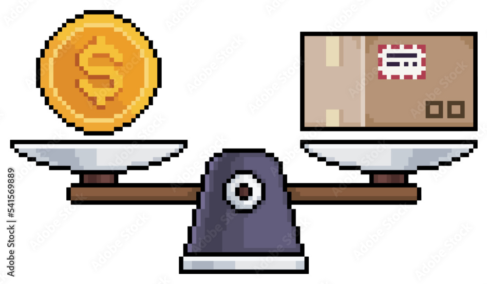 Poster pixel art scales with coin and parcel, money and order comparison vector icon for 8bit game on white