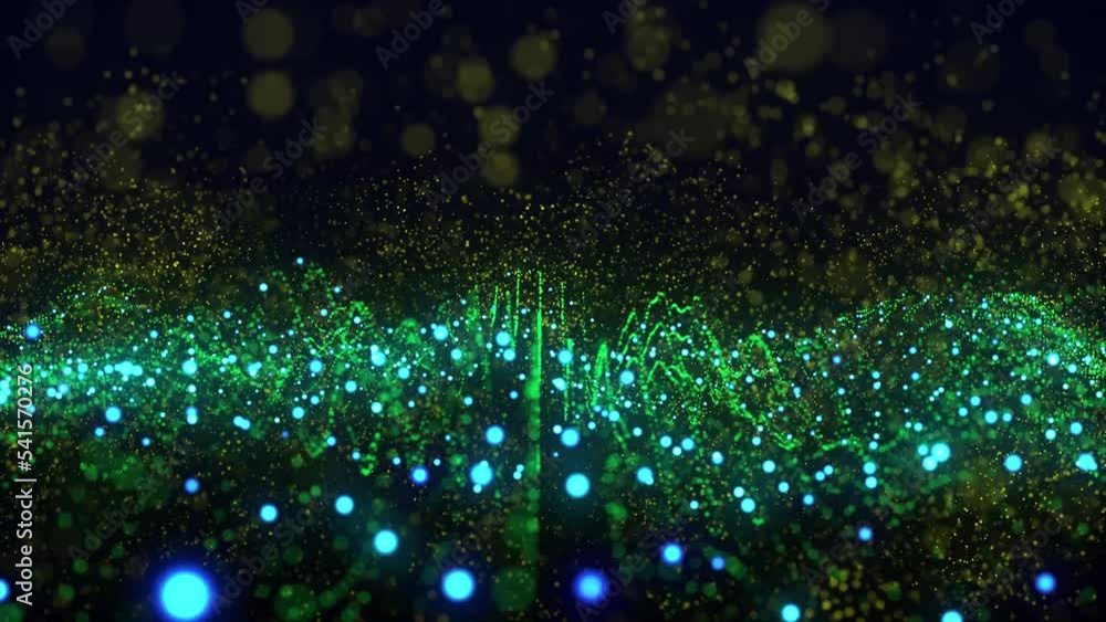 Poster dynamic wave of colored glowing particles. digital technology background. abstract digital particle 
