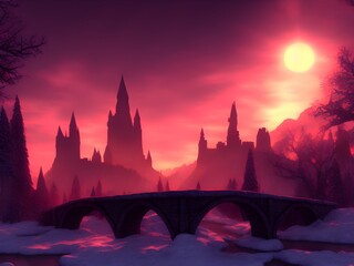 Naklejka premium Old Fantasy castle with bridges, 3d illustrarion, 3d render