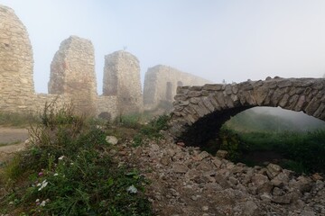 Upper courtyard in a misty morning. The ruins of the Stary Jicin castle. Eastern Moravia. Czechia.
