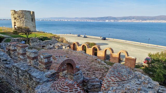 Ruins of the windmill and the Basilica of Eleusa in Nessebar