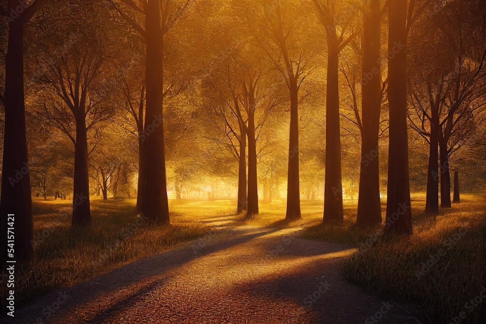 Poster forest with large trees, bushes and a path flooded with sunlight 3d illustration
