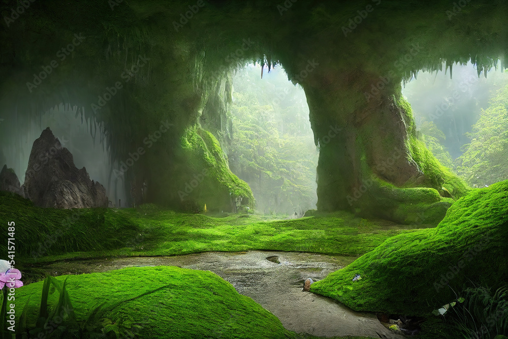 Poster Jungle cave in the rock with green trees, grass, moss and hanging vines 3d illustration