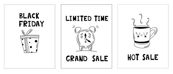 Collection of minimalistic hand-drawn banners. Black Friday. Limited Time Grand Sale. Hot Sale. Vector doodle illustration on a white background