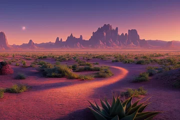 Wandcirkels Paars Woestijnlandschap & 39 s nachts met dor zandig land, met aloë en donkere bergen en stenen aan de horizon 3d illustratie  © Zaleman