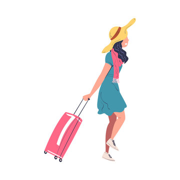 Woman Character in Hat with Suitcase Going on Summer Vacation Having Journey Vector Illustration
