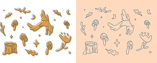 Magic forest and fox clipart set. Folk art autumn collection. Forest and garden elements. Wild nature vector illustration.