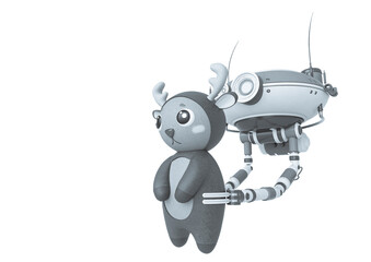 floating robot is holding a christmas reindeer in white background side view with copy space