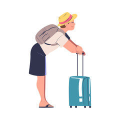 Standing Man Character in Hat with Suitcase Going on Summer Vacation Having Journey Vector Illustration