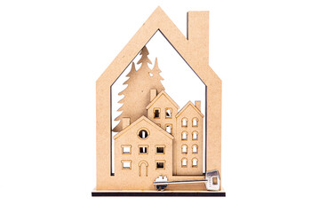 Obraz na płótnie Canvas Houses symbol with metal key on white background. Real estate, insurance concept, mortgage, buy sell house, realtor concept, little cars, trees, housekeeper