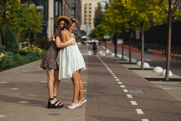 Fototapeta na wymiar Happy meeting of two friends hugging in the street