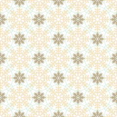 Vintage Christmas seamless vector pattern with gold lace snowflakes and green circles on white background. Great for greeting cards, Christmas and New Year cards, invitations and wrapping paper.