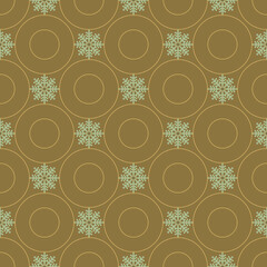 Vintage Christmas seamless vector pattern with lace snowflakes and circles on gold background. Great for greeting cards, Christmas and New Year cards, invitations and wrapping paper.