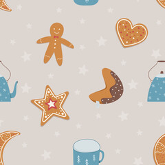 Winter seamless pattern with ginger cookies in flat style, kettle and cup - star, heart, gingerbread man, fortune cookie