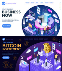 Vector Isometric Concept of site Business strategies  and Bitcoin cryptocurrency, Business people working together and developing a successful business  strategy, Vector illustration