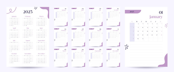 Monthly wall calendar 2023 template in trendy minimalist Style, cover concept, week starts on sunday, 2023 minimal calendar planner design for printing template in purple