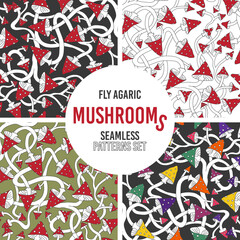Set with four seamless patterns with mushrooms. Vector forest art with handdrawn fly agarics decor. Modern creative bright bundle for textile and surface design. Digital paper and scrapbook background