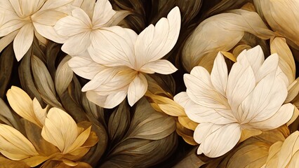 Illustration of elegant flowers with golden leaves. Seamless hand drawn brush pattern, pattern. Vintage decorative element for postcards. 3D rendering. Raster illustration.