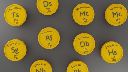 Transuranium superheavy chemical elements. 3d illustration. Nuclear physics. Set of transuranium chemical elements. Background for cover or banner