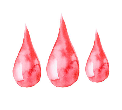 Red watercolor blood drops isolated on white background