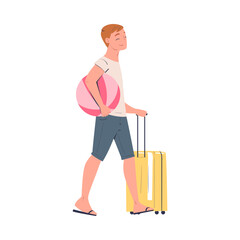 Walking Man Character with Suitcase and Ball Going on Summer Vacation Having Journey Vector Illustration