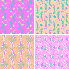A set of Christmas seamless backgrounds. Doodle illustration with socks for Santa. A simple drawing. Four Festive textures. Flat pattern for packaging.