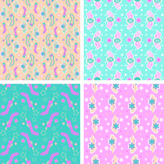 A set of Christmas seamless backgrounds. Doodle illustration with socks for Santa. A simple drawing. Four Festive textures. Flat pattern for packaging.