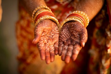 Closeup of a cultural Indian hand henna design on female hands with bracelets