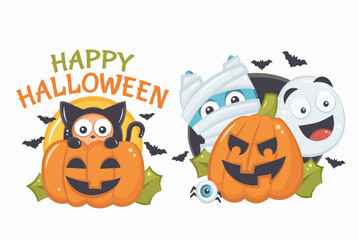 happy halloween set with  pumpkin,ghost and cat Vector, eps 10