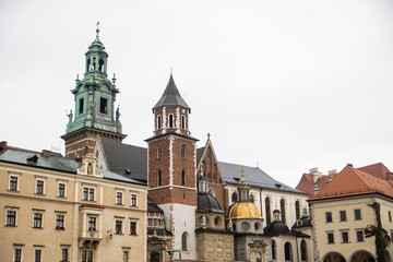 church spires in wawel castle in krakow poland