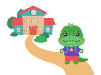 Back to school kawaii animal vector illustration. Cute crocodile student on path to school building. Smiling dinosaur little dragon cartoon character. Elementary school clipart logo flat design.