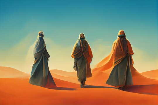 AI generated digital art illustration of back facing three adults, dressed as bedouins,in the desert
