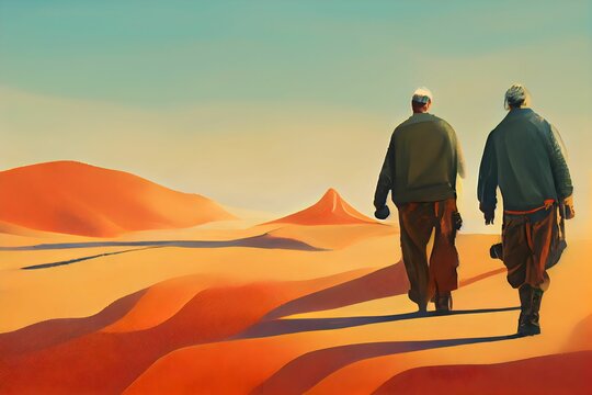 AI Generated Digital Art Illustration Of Back Facing Two Adults, Walking In The Desert