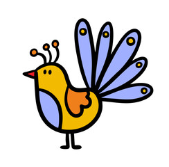 Colourful hand drawn peacock bird in childish doodle style.