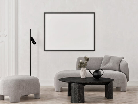 Living room interior space with mock up poster, 3d illustration