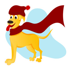 Funny cute cartoon dog character in red Santa s hat and scarf. New year or Christmas greeting card. Design of calendars, seasons postcards, diaries. Vector illustration isolated on white background.