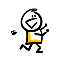 Doodle illustration of funny male character running in fear from the bug.