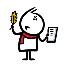 Romantic figure of hand drawn cartoon poet holding a sheet of paper and feather.