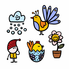 Vector set of cartoon characters hand drawn in cute childish style.