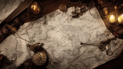 Fototapeta na wymiar Old treasure map, coins, wind rose, compass. 3D illustration.