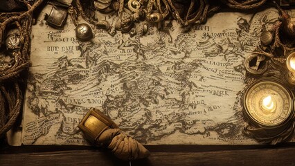 Fototapeta na wymiar Old treasure map, coins, wind rose, compass. 3D illustration.