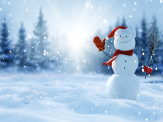 Cute smiling snowman with red scarf and hat with a broom in his hand.Winter fairytale.Merry...