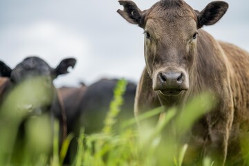 sustainable agriculture cow farm in a field, beef cows in a field. livestock herd grazing on grass on a farm. african cow, healthy regenerative food production